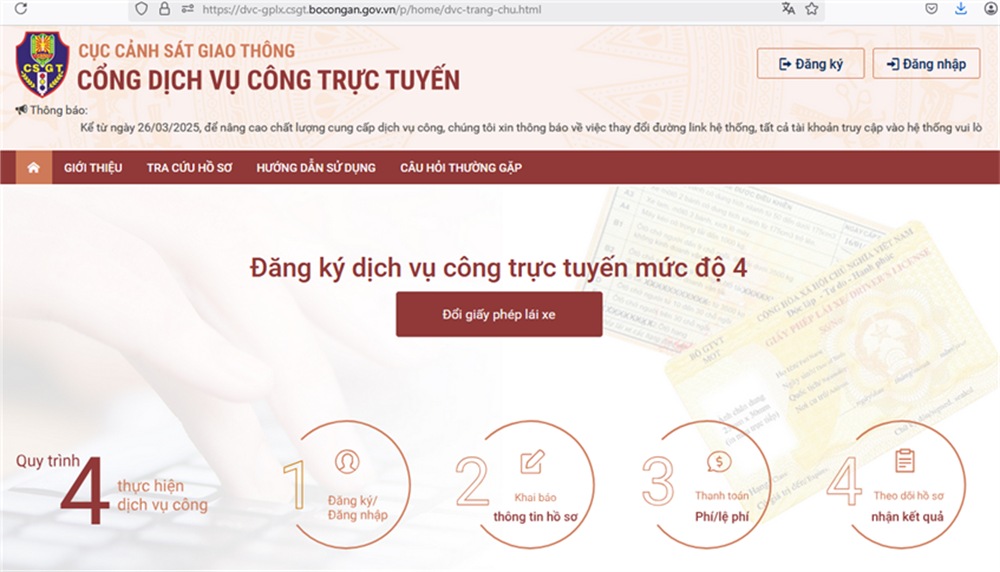 Thông báo chuyển đổi Trang thông tin điện tử cung cấp dịch vụ công cấp, đổi giấy phép lái xe